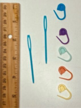 5 for $10: 5 Colorful Stitch Markers and 2 Plastic Sewing Needles Bright Colors